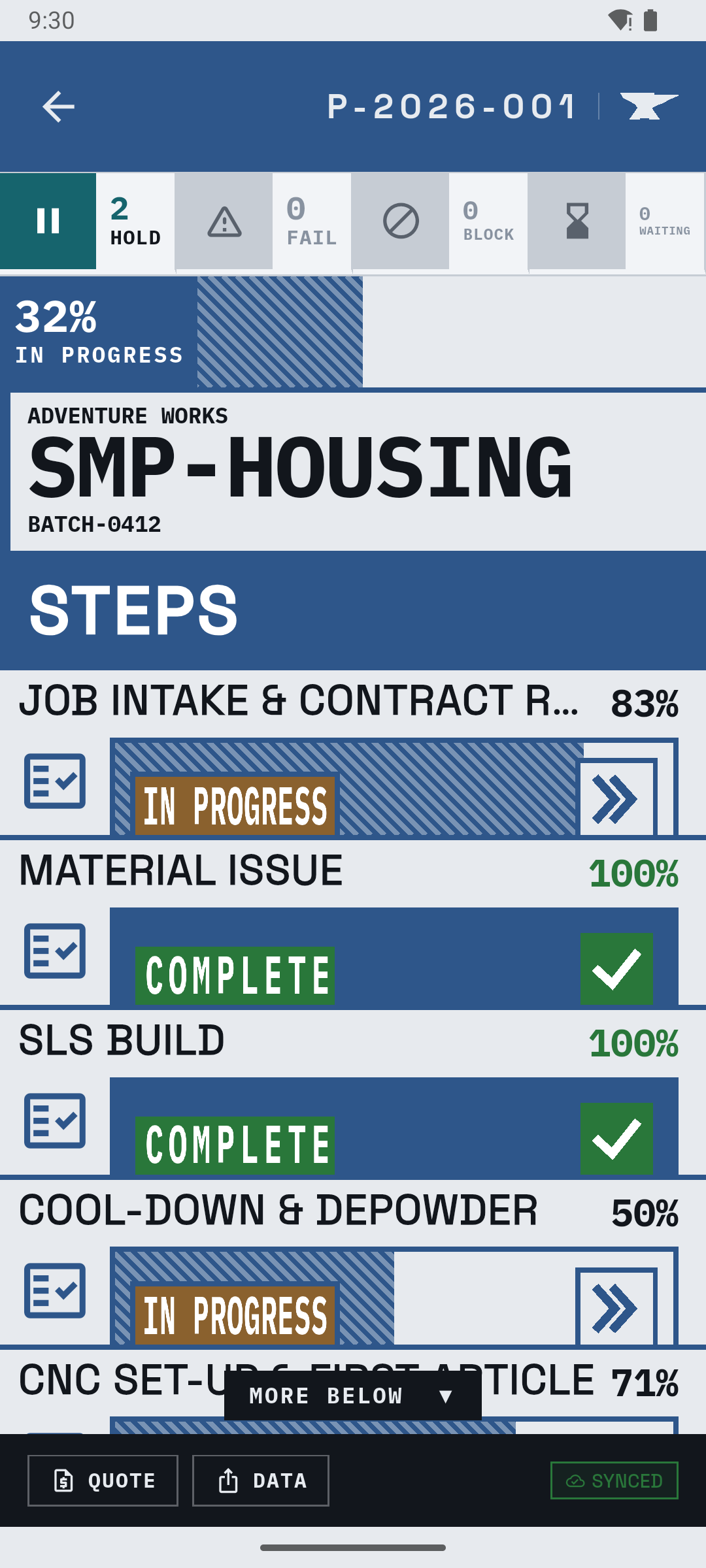 The same job in the app: each step with its progress, its gates and who signed it