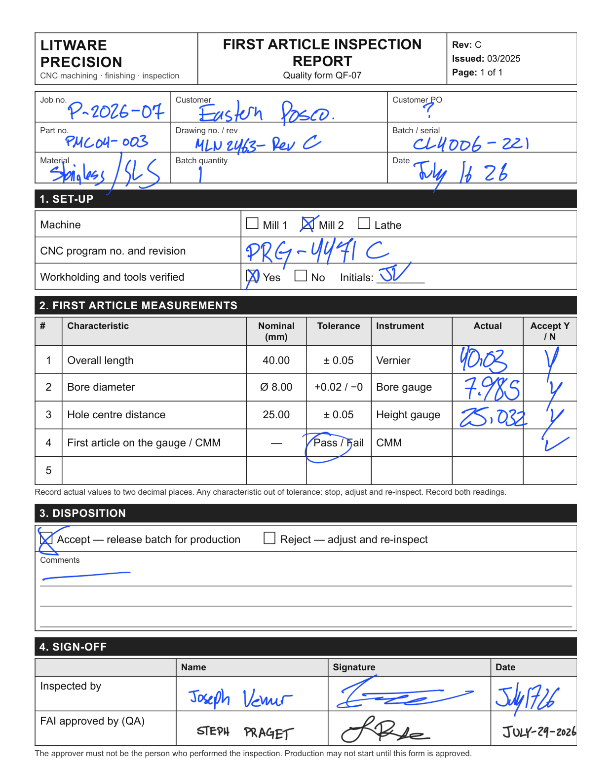 A first-article form filled in by hand: QF-07, Rev C